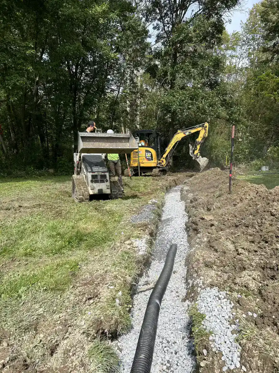 Footing drain installation at foundation wall